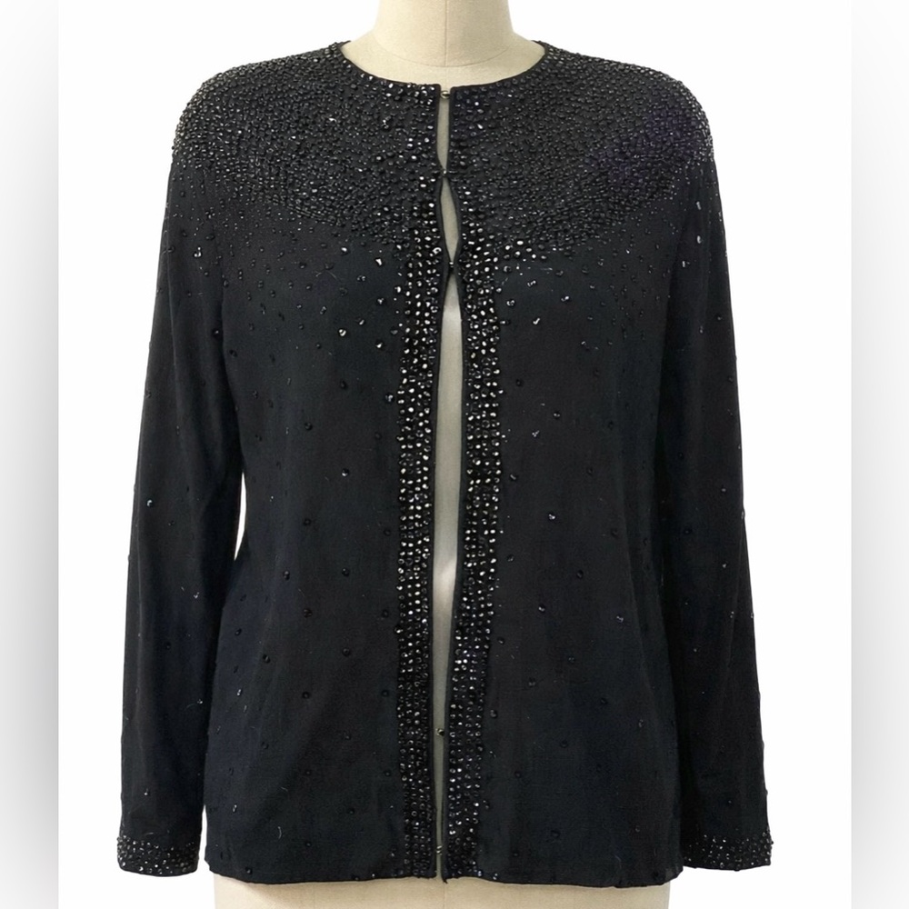 Mid Century Bead & Sequin Wool Pinup Black Cardigan.